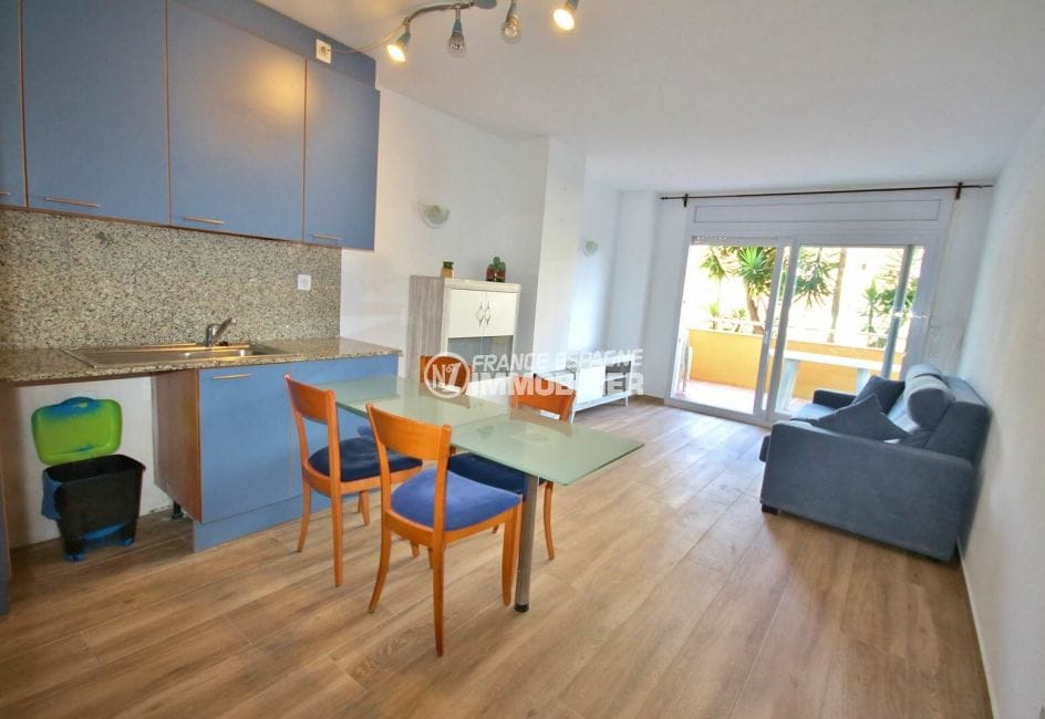 immo roses: appartement 58 m², salon / séjour avec cuisine ouverte accès terrasse