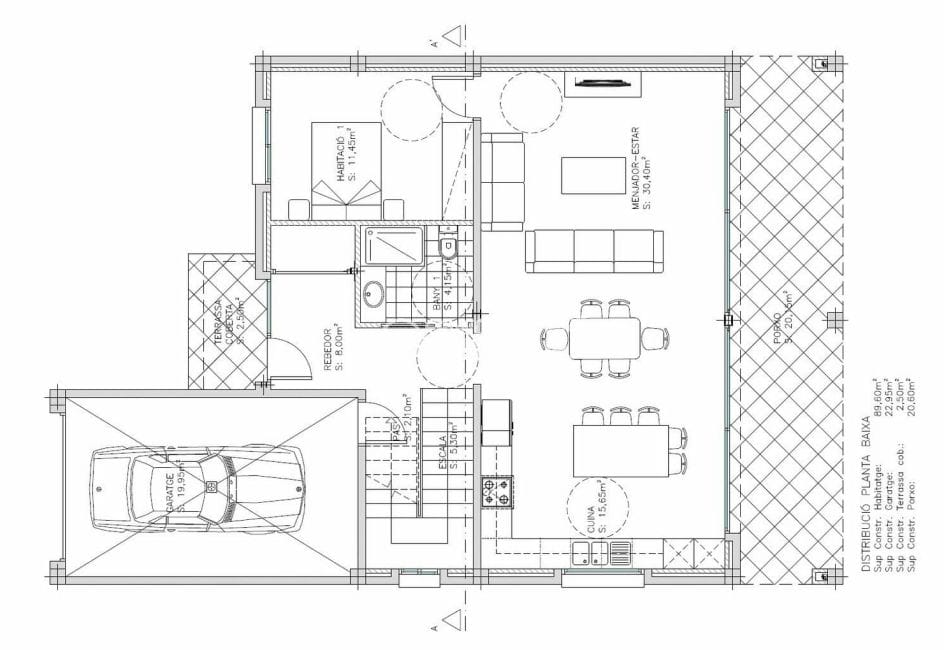roses espagne: villa 4 chambres 190 m², plans du rez de chaussée, garage